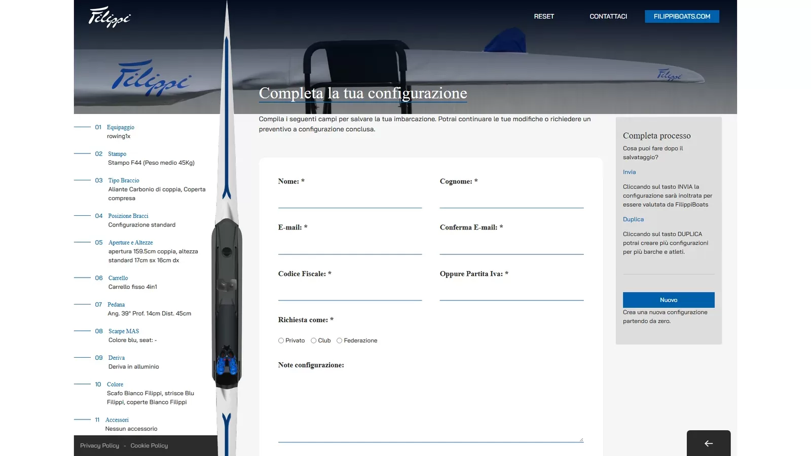 Filippi configuratore riepilogo e invio