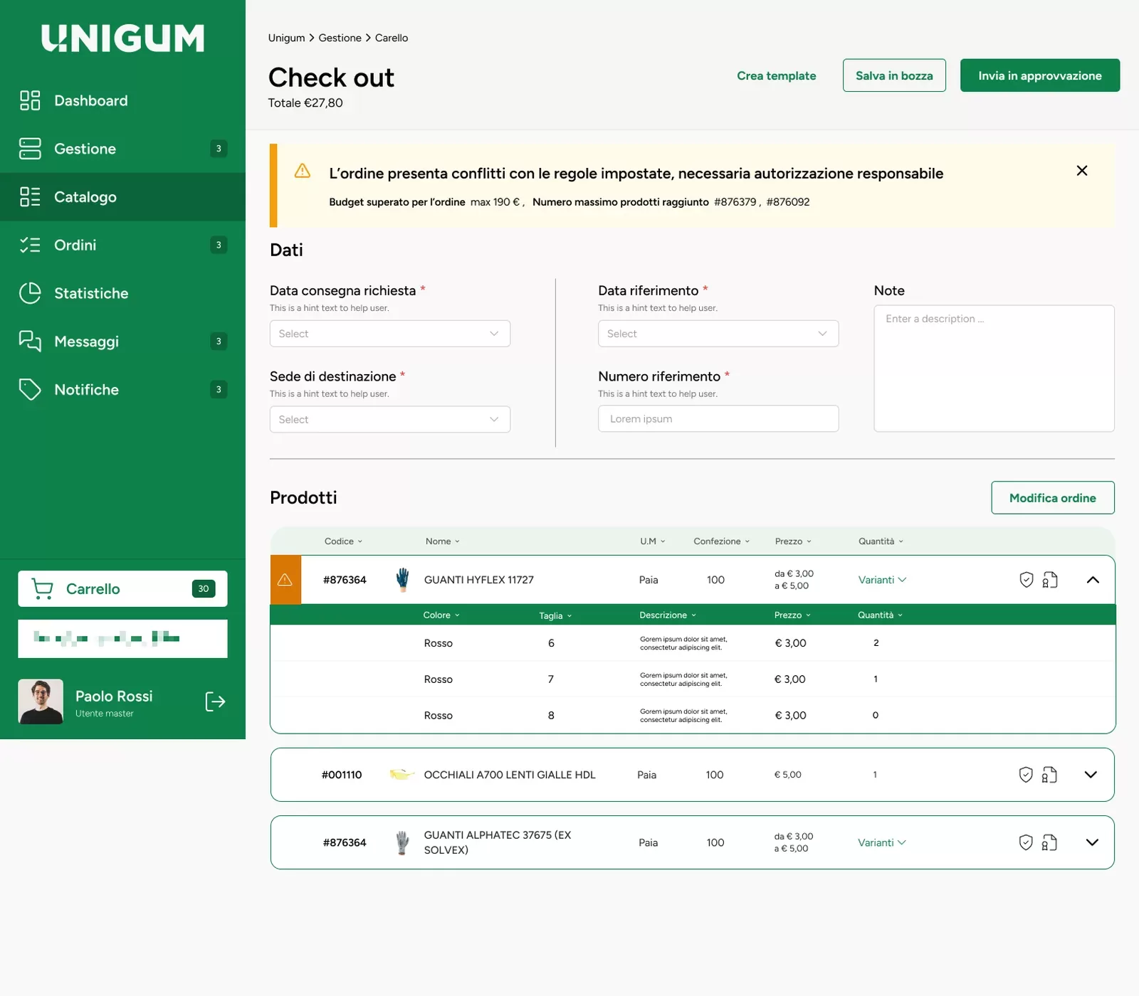 Unigum portale b2b checkout approvazione